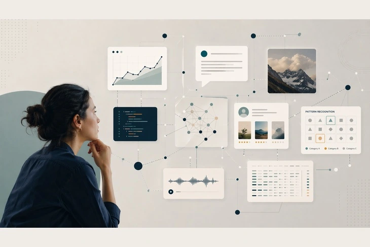What Is AI, Really Illustration of a person looking at AI interface elements and data visualizations