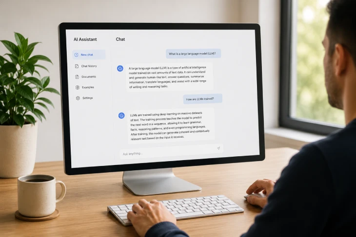 Person using an AI assistant on a laptop, illustrating what an LLM is and how large language models work