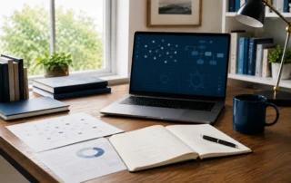 Research workspace with laptop displaying AI agent network diagrams
