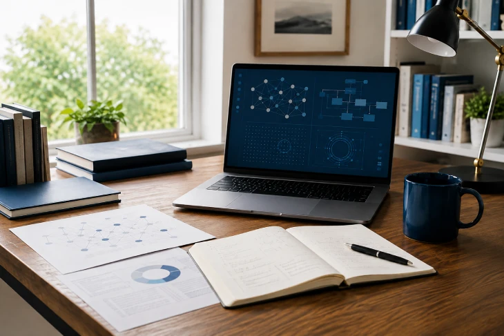 Research workspace with laptop displaying AI agent network diagrams
