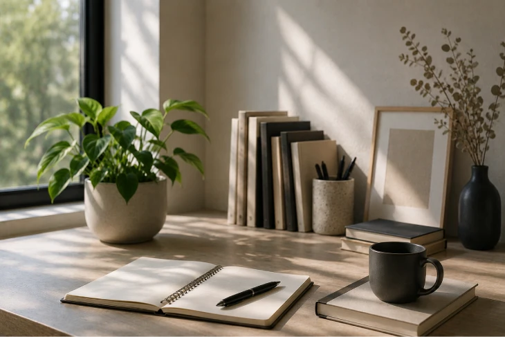 Minimal research workspace with notebook, books and natural light
