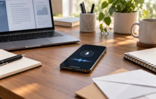 Smartphone with voice interface beside a laptop, notebook and workspace