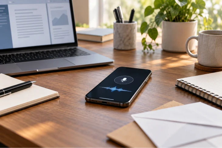 Smartphone with voice interface beside a laptop, notebook and workspace