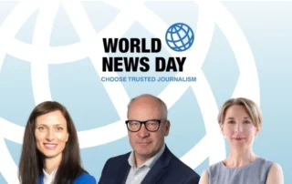 World News Day graphic for The Integrity Dividend by David Walmsley, Mariya Gabriel and Liz Corbin, with Choose Trusted Journalism branding