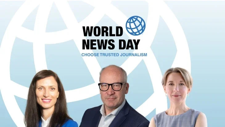 World News Day graphic for The Integrity Dividend by David Walmsley, Mariya Gabriel and Liz Corbin, with Choose Trusted Journalism branding