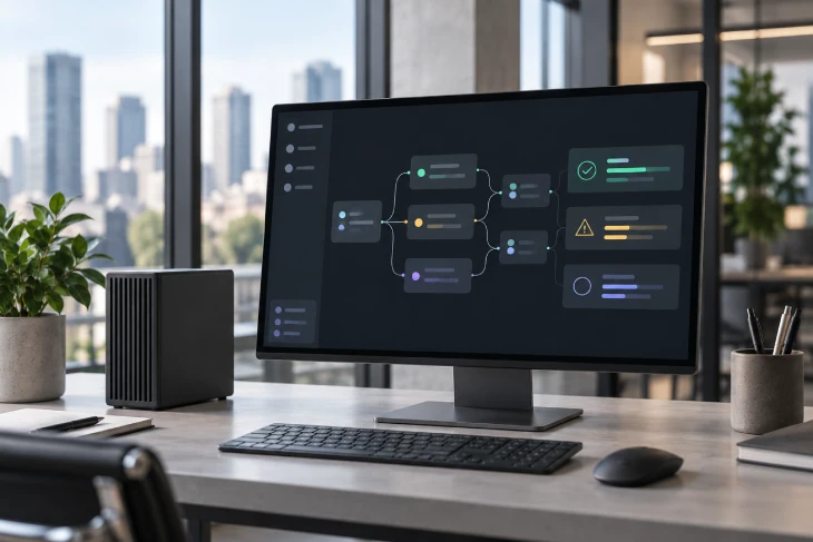 Desktop computer showing a structured AI decision workflow